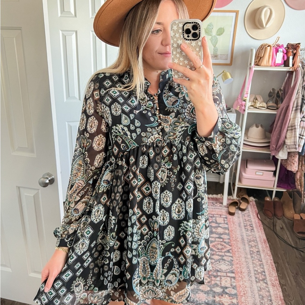 Ces Femme Black and Green Long Sleeve Dress
